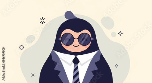 Stylized cartoon penguin wearing a suit and sunglasses, set against abstract background