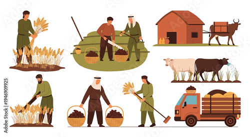 Farmers harvesting crops and working with livestock set of agricultural scenes. Vector Illustrations. EPS Editable
