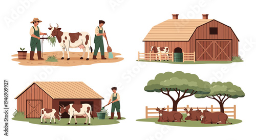 Farmers tending to cows and livestock on a rural farm with barns and trees. Vector Illustrations. EPS Editable