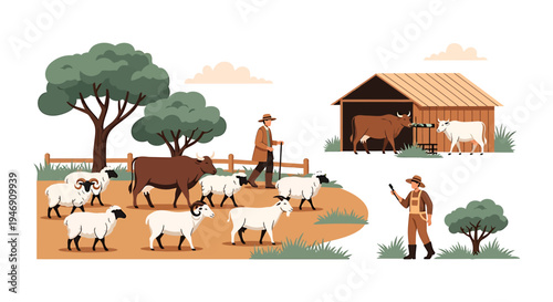 Farmers tending to their livestock including sheep and cows on a rural farm with a barn and trees. Vector Illustrations. EPS Editable