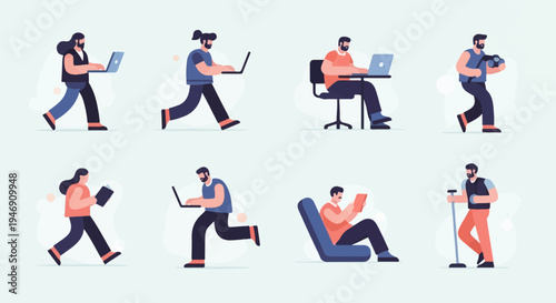 Stylized diverse people in various casual activities and work