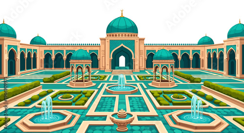 Grand Islamic Palace with Lush Gardens and Fountains. Vector Illustrations. EPS Editable