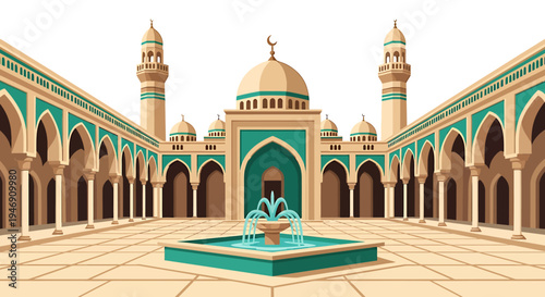 Grand Mosque Courtyard with Fountain and Minarets. Vector Illustrations. EPS Editable