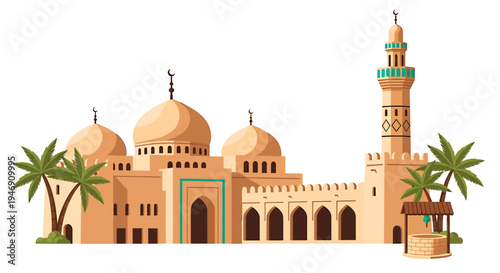 Grand Mosque Illustration with Palm Trees and Well. Vector Illustrations. EPS Editable