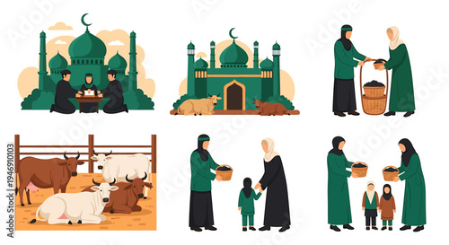 Islamic Eid alAdha Celebration with Mosque and Animal Sacrifice Scenes. Vector Illustrations. EPS Editable