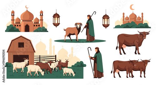 Islamic Eid al Adha Celebration with Livestock and Mosques. Vector Illustrations. EPS Editable