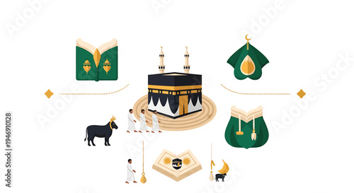 Islamic Hajj and Umrah pilgrimage elements with Kaaba Quran and other religious symbols. Vector Illustrations. EPS Editable