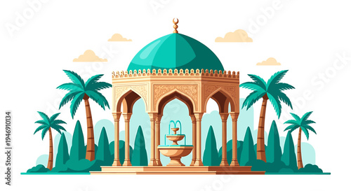 Islamic Garden Pavilion with Fountain and Palm Trees. Vector Illustrations. EPS Editable