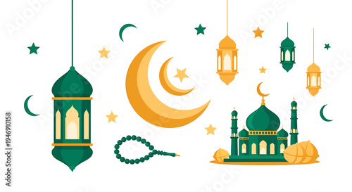 Islamic Holiday Celebration with Mosque Lanterns and Crescent Moon. Vector Illustrations. EPS Editable