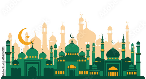 Islamic Mosque Architecture Silhouette with Crescent Moon and Stars. Vector Illustrations. EPS Editable