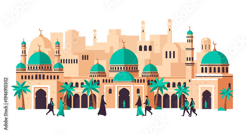 Middle Eastern Cityscape with Domes and Minarets People Walking in Traditional Attire. Vector Illustrations. EPS Editable