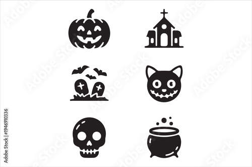 Black halloween icons featuring jack o lantern haunted house and more