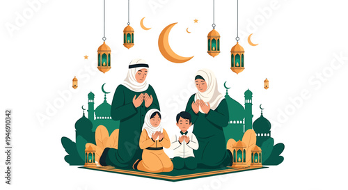 Muslim Family Celebrating Ramadan with Mosques and Crescent Moon Illustration. Vector Illustrations. EPS Editable