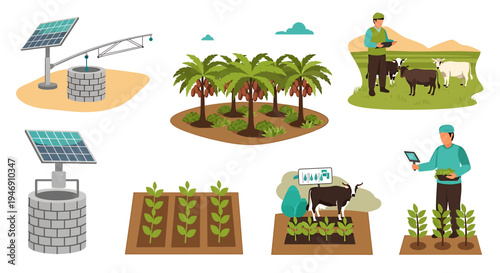 Modern Sustainable Agriculture Technology and Farming Practices. Vector Illustrations. EPS Editable