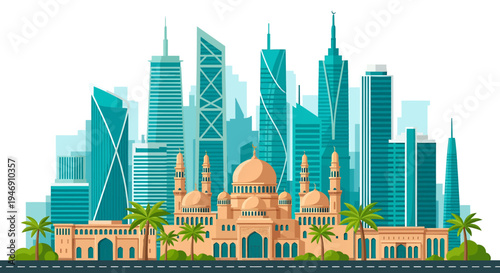 Modern city skyline with traditional mosque and palm trees. Vector Illustrations. EPS Editable
