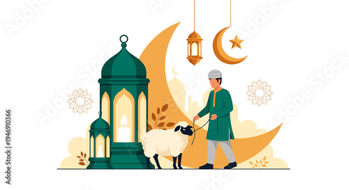 Muslim man with sheep for sacrifice during Eid alAdha celebration with crescent moon and lanterns. Vector Illustrations. EPS Editable