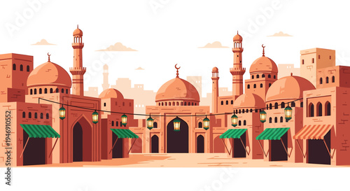 Ramadan Kareem Islamic Cityscape with Mosque and Traditional Buildings. Vector Illustrations. EPS Editable