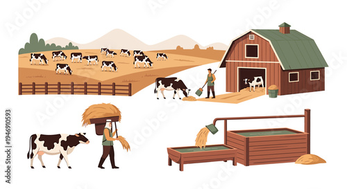 Rural Farm Life with Farmers and Dairy Cows in Agricultural Landscape. Vector Illustrations. EPS Editable