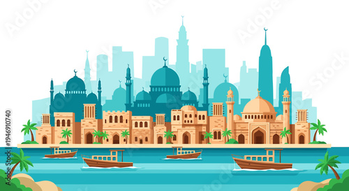 Vibrant Cityscape of Dubai with Traditional and Modern Architecture. Vector Illustrations. EPS Editable
