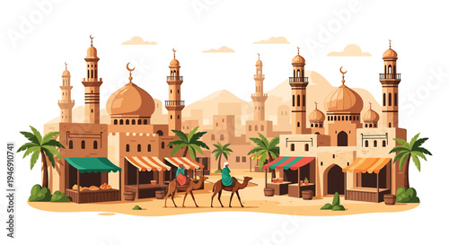 Vibrant Islamic Cityscape with Minarets and Market Scene. Vector Illustrations. EPS Editable
