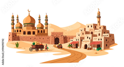 Vibrant Cartoon Illustration of an Ancient Middle Eastern Desert City with Mosque and Market. Vector Illustrations. EPS Editable