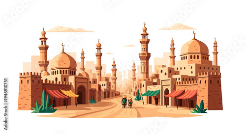 Watercolor Painting of an Ancient Middle Eastern City Street Scene. Vector Illustrations. EPS Editable