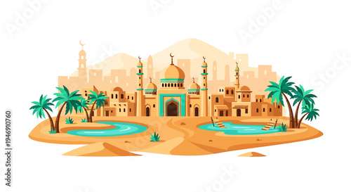 Vibrant Islamic Cityscape with Mosque and Palm Trees. Vector Illustrations. EPS Editable