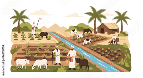 Ancient Egyptian Farming and Agriculture Scene with Farmers and Livestock. Vector Illustrations. EPS Editable