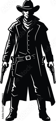 Western cowboy gunslinger holding revolvers wearing long coat and hat isolated on white background, wild west outlaw gunfighter