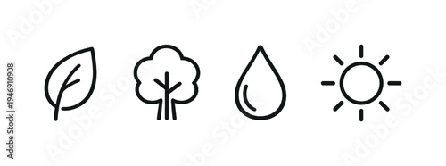 Minimal line icons of leaf, tree, water droplet, and sun on warm gradient background, symbolizing nature, sustainability, climate, and ecology