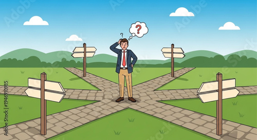 Man at crossroads with signs.