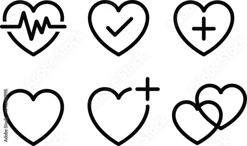 Medical Heart Icon Set Featuring Pulse EKG Checkmark Plus Symbol and Linked Hearts for Cardiology Healthcare and Wellness