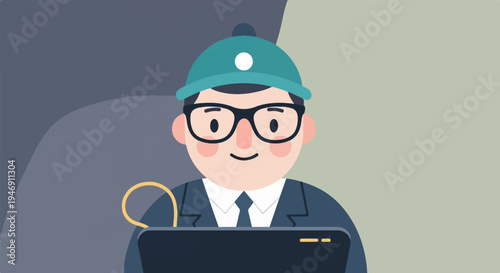 Animated character with glasses, hat, and suit working on a tablet