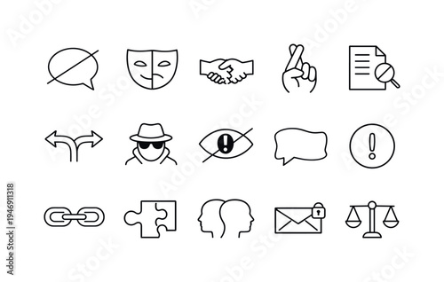 Minimal black outline icon set showing communication, security, privacy, legal balance, email, puzzle, warning, and handshake concepts on white
