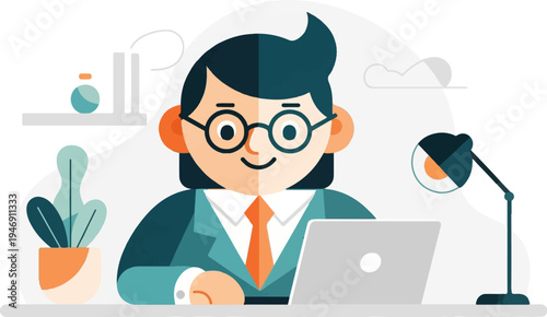 Person working on a laptop at a desk with a plant and lamp