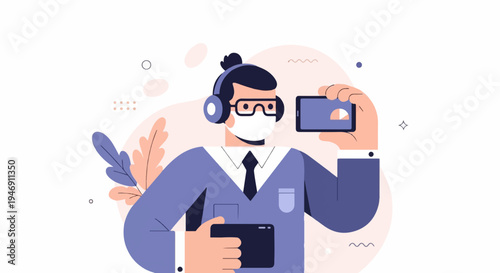 Animated person in suit with headphones, mask, and holding devices