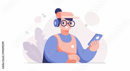 Person with headphones and phone, surrounded by abstract shapes and leaves