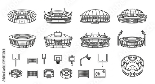 Architectural Renderings of Sports Stadiums and Equipment in Black and White.