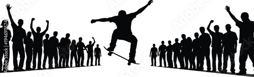 Skateboarder performing a jump stunt over a cheering crowd silhouette vector illustration for extreme sports, urban