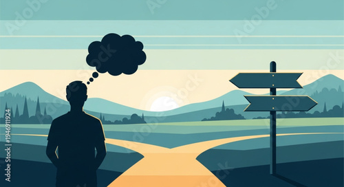 Man at crossroads with thought.