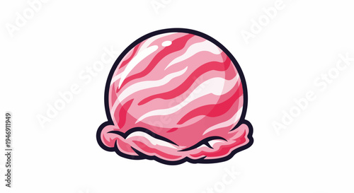 Swirled pink and white frozen dessert scoop with a ruffled base and dark outline