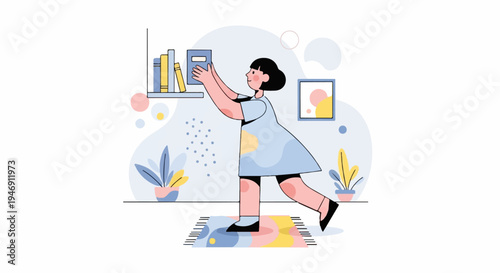 Flat illustration of a person placing a book on a shelf in a cozy room
