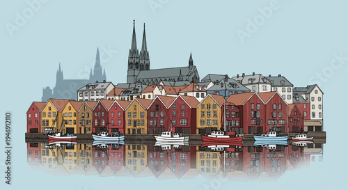 A sketch of colorful waterfront buildings with boats docked, reflected in calm water