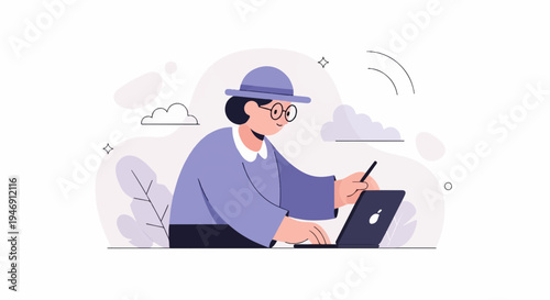 Person wearing a hat and glasses, working on a laptop with a stylus