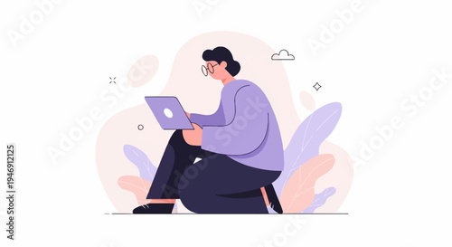 Person sitting cross-legged, wearing glasses and a lavender sweater, using a laptop