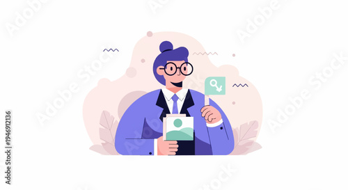 Business professional holding an image and a gender equality flag