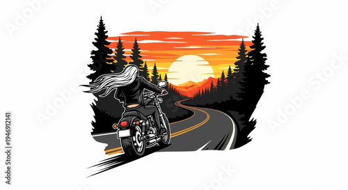 Woman on motorcycle rides down winding road through forest at sunset