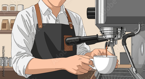 Barista prepares an espresso shot into a white cup using a professional coffee machine
