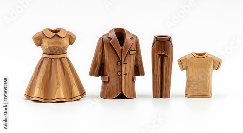 Carved wooden garments include a dress, suit jacket, pants, and shirt.