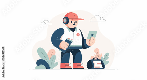 Cartoon delivery person with headphones and phone, holding a package and bag